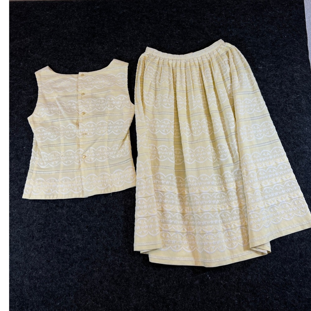 Vintage 60s Miss Pat California Yellow Eyelet Lace Skirt and Top Set 2 Piece
